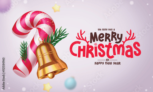 Merry christmas greeting vector design. Christmas greeting text in simple winter background with candy cane, bell and spruce leaves elements for xmas decoration. Vector illustration traditional card 