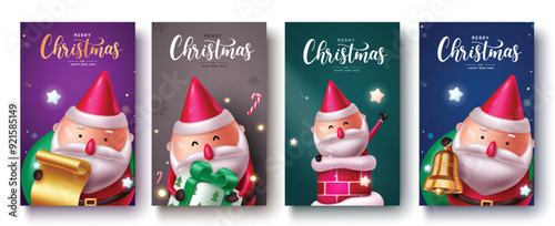 Christmas santa character poster set design. Merry christmas greeting text card with happy, friendly and cute santa claus in colorful bokeh background. Vector illustration happy new year tag 