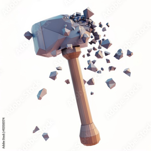 3D Render, Low Poly style of destroyed hammer with bent handle and shattered head, on isolated white background