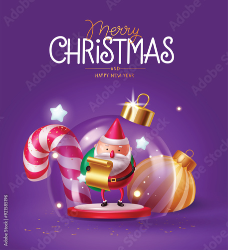 Merry christmas crystal ball vector card  design. Christmas greeting text with standing santa claus character in podium reading letter with ball glass, xmas ball, candy cane and stars elements 