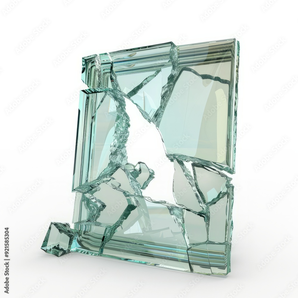 Obraz premium 3D Render, Low Poly style of destroyed level with cracked glass and bent frame, on isolated white background