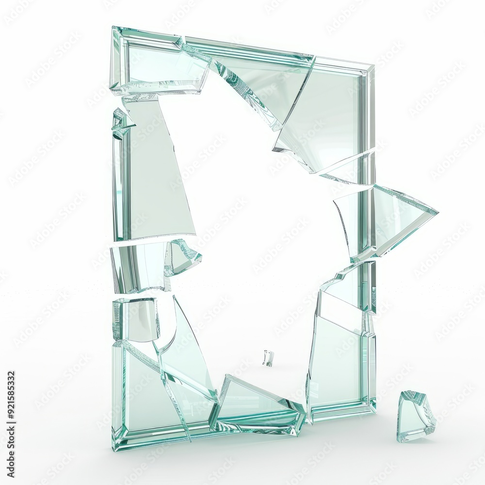 Obraz premium 3D Render, Low Poly style of destroyed level with cracked glass and bent frame, on isolated white background