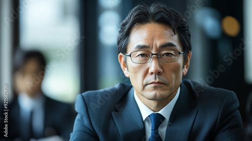 Japanese executive with a serious expression during a meeting