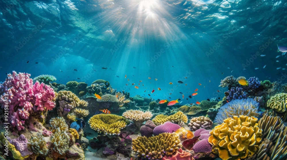 Fototapeta premium Coral reefs teem with marine life, showcasing underwater biodiversity.
