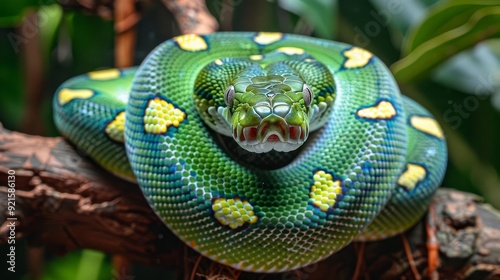 Emerald tree boa coiled on branch in lush surroundings, rainforest reptile species discovery, snake in wild habitat