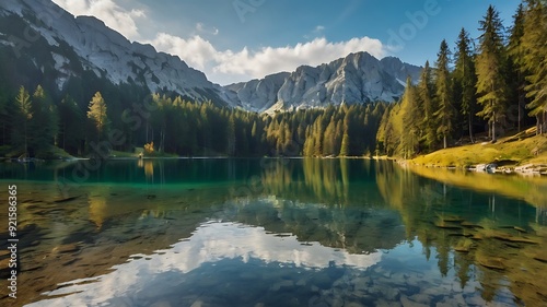 serene lake surrounded by tall pine trees 