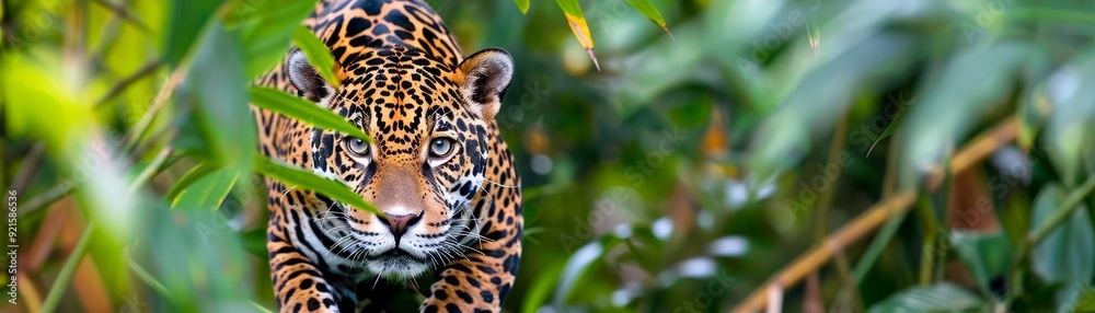 Jaguar stealthily moving through dense foliage, Amazon rainforest animal diversity, predator in natural habitat Jaguar stealthily moving through dense foliage, Amazon rainforest animal diversity, predator in natural habitat