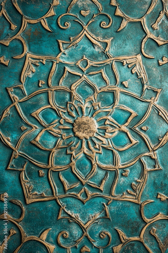 金色の曼荼羅とティールの背景の縦画像