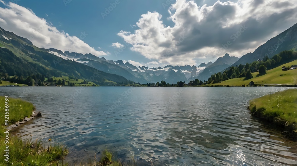 Fototapeta premium still lake with a snow-capped mountain in the background,