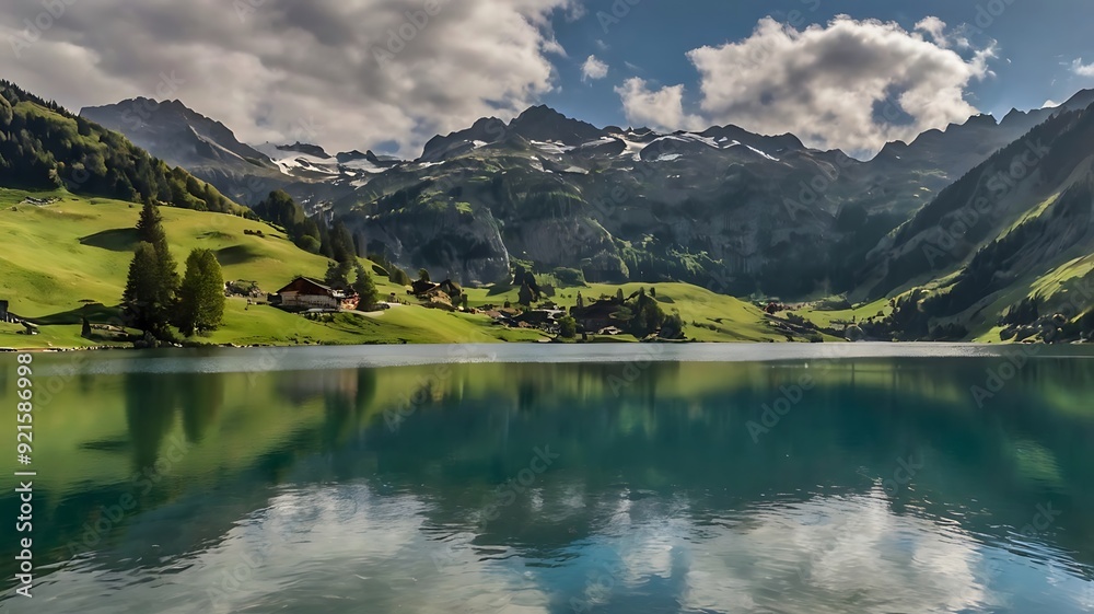 Fototapeta premium still lake with a snow-capped mountain in the background,