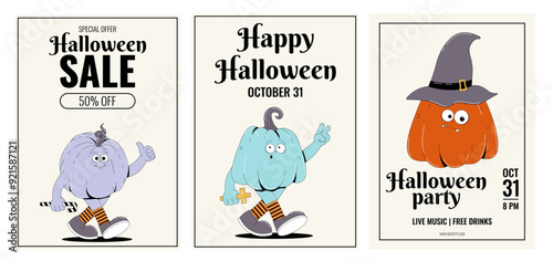 Colorful poster set Happy Halloween. Retro groovy character pumpkins with creepy and skary face. Contemporary vector collection photo