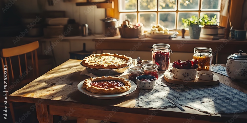 8. A rustic kitchen scene with sunlight pouring in through the window onto a table of freshly baked pies and homemade fruit preserves, vintage decor adding charm to the warm atmosphere 8. A rustic kitchen scene with sunlight pouring in through the window onto a table of freshly baked pies and homemade fruit preserves, vintage decor adding charm to the warm atmosphere