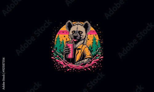 hyena holding drink on forest vector illustration artwork design