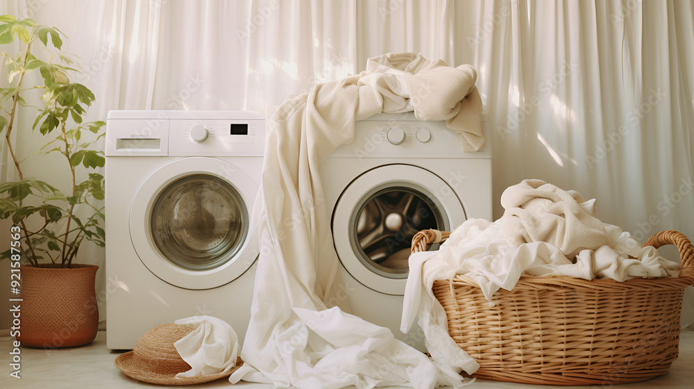 washing machine and basket with clean and dirty things, house cleaning,Modern washing machine and laundry basket with Stack of clean clothes

