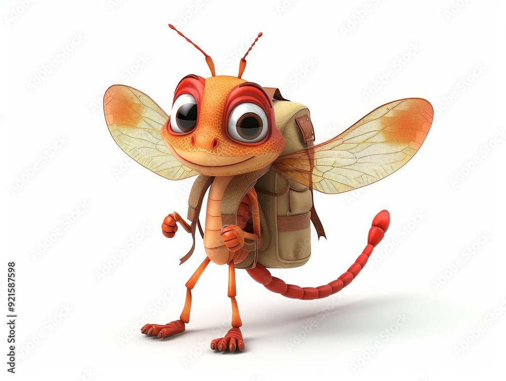 Obraz premium A 4D cartoon dragonfly with a backpack going on an 99 1845 cartoon, insect, animal, bug, illustration, vector, fly, ant, nature, bee, isolated, character, cute, funny, butterfly, mosquito, pest, happy