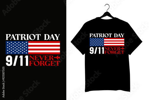 9/11 Patriot Day tribute with American flag, Twin Towers, NYC skyline - We Will Never Forget memorial design for September 11th remembrance and USA patriotism.