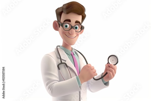 A 4D cartoon doctor in a lab coat holding a stetho 97 848 doctor, medicine, nurse, stethoscope, woman, glasses, medical, health, healthcare, care, occupation, people, professional, smiling, hospital,  photo