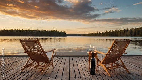 rocking chairs on a wooden dock overlooking a lake at sunset photo