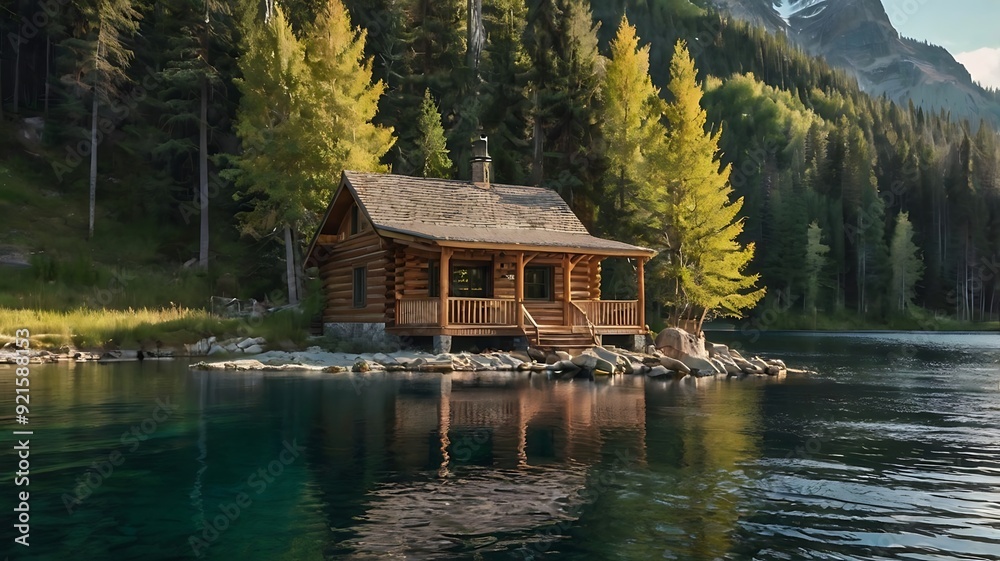 wooden cabin sits on the shore of a calm lake, wooden cabin sits on the shore of a calm lake,