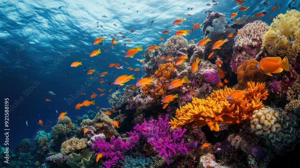 Naklejka premium Vibrant Underwater Coral Reef with Colorful Fish and Sunbeams.