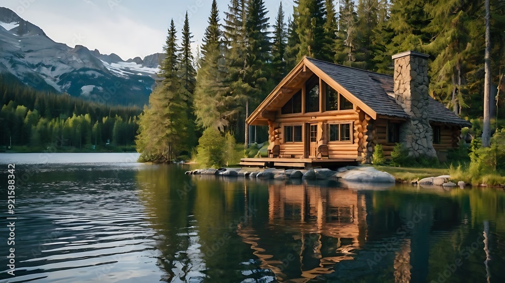 wooden cabin sits on the shore of a calm lake, wooden cabin sits on the shore of a calm lake,