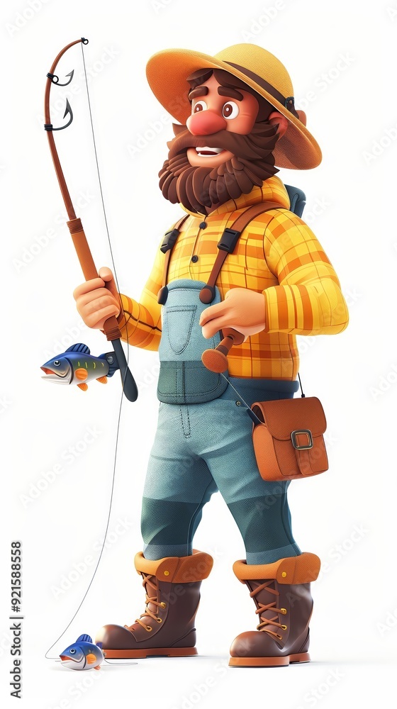 Obraz premium A 4D cartoon fisherman with a fishing rod and catc 131 2778 cartoon, fishing, fisherman, person, illustration, sword, vector, woman, warrior, war, sport, knight, people, soldier, hat, military 