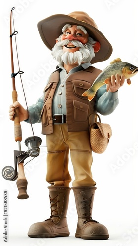 A 4D cartoon fisherman with a fishing rod and catc 131 1779 soldier, statue, knight, warrior, isolated, 3d, medieval, army, sword, war, armor, military, helmet, sculpture, weapon, child, fantasy, anci photo