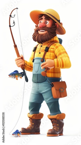 A 4D cartoon fisherman with a fishing rod and catc 131 2778 cartoon, fishing, fisherman, person, illustration, sword, vector, woman, warrior, war, sport, knight, people, soldier, hat, military  photo