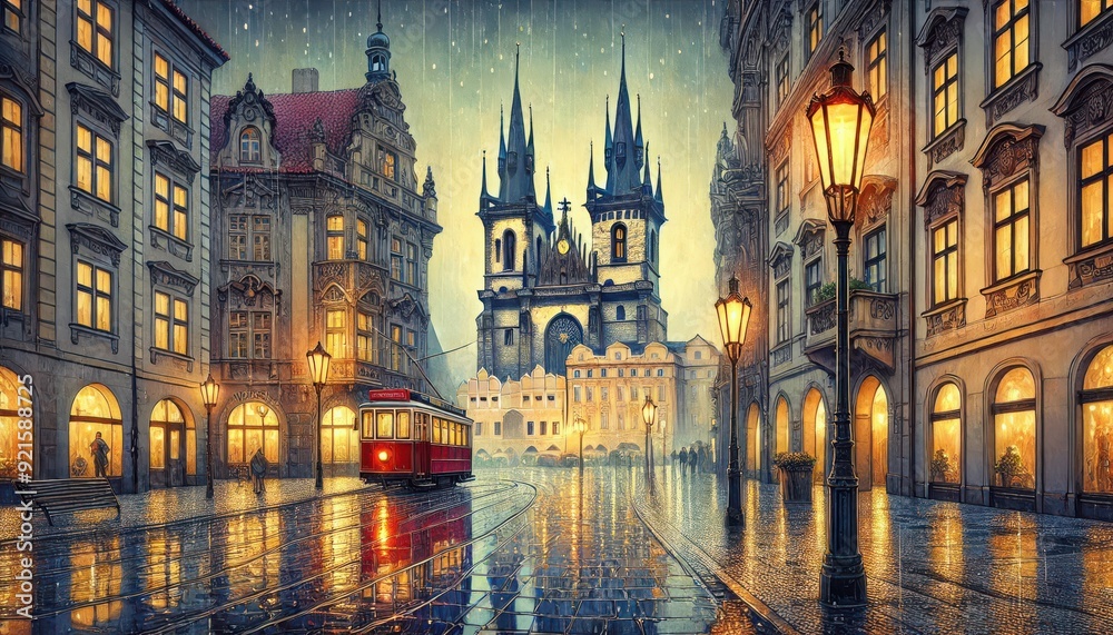 Fototapeta premium A rainy night in Prague's Old Town, where Týn Church loom above glistening cobblestone square, a red tram gliding through the square.