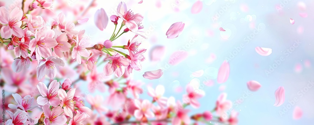 Fototapeta premium Falling flower petals from cherry blossoms, springtime, poetic natural moment