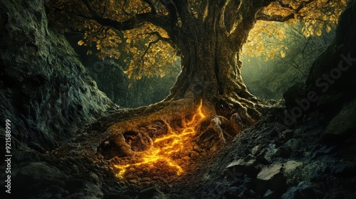 Mystical Forest Tree with Glowing Lava Roots - Fantasy Nature Background.