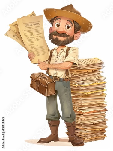 A 4D cartoon heritage conservationist with histori 15 1734 business, person, box, people, woman, delivery, hat, old, businessman, holding, work, object, homeless, men  photo