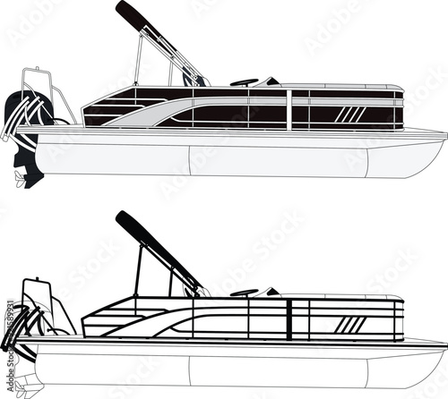 Pontoon boat vector line art illustration and one color