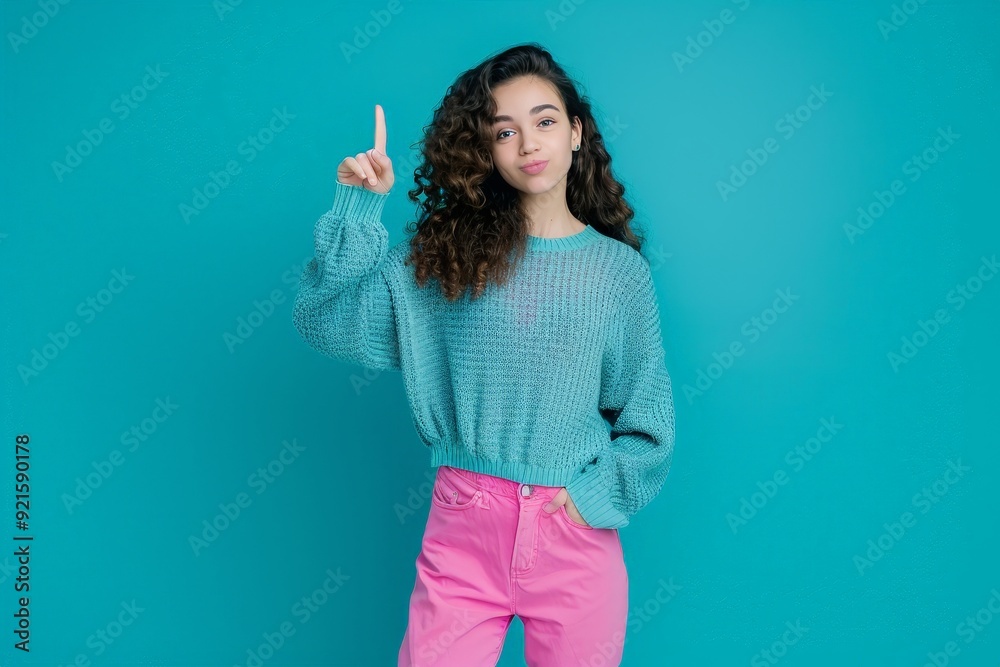 Fototapeta premium A full-body portrait of a smiling young girl in a pullover, her finger pointing towards the blank space, isolated against a turquoise background, creates a sense of anticipation and curiosity.