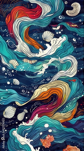 Bright, swirling waves intertwine with seashells and vibrant colors, capturing a dynamic ocean atmosphere