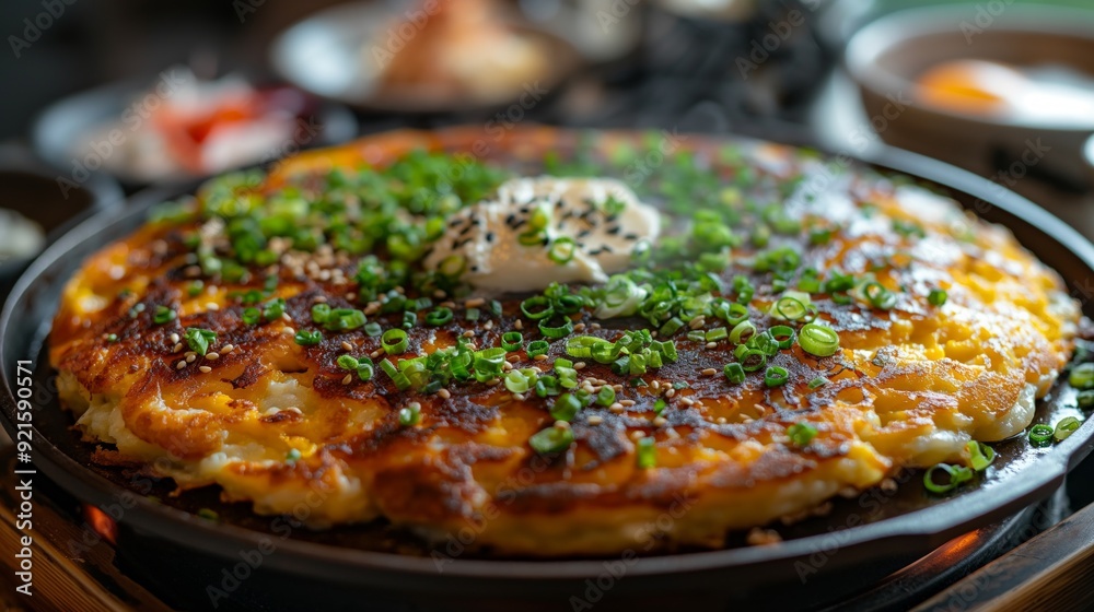 A close-up of a delicious okonomiyaki topped with scallions, sesame seeds, and mayonnaise on a hot griddle.