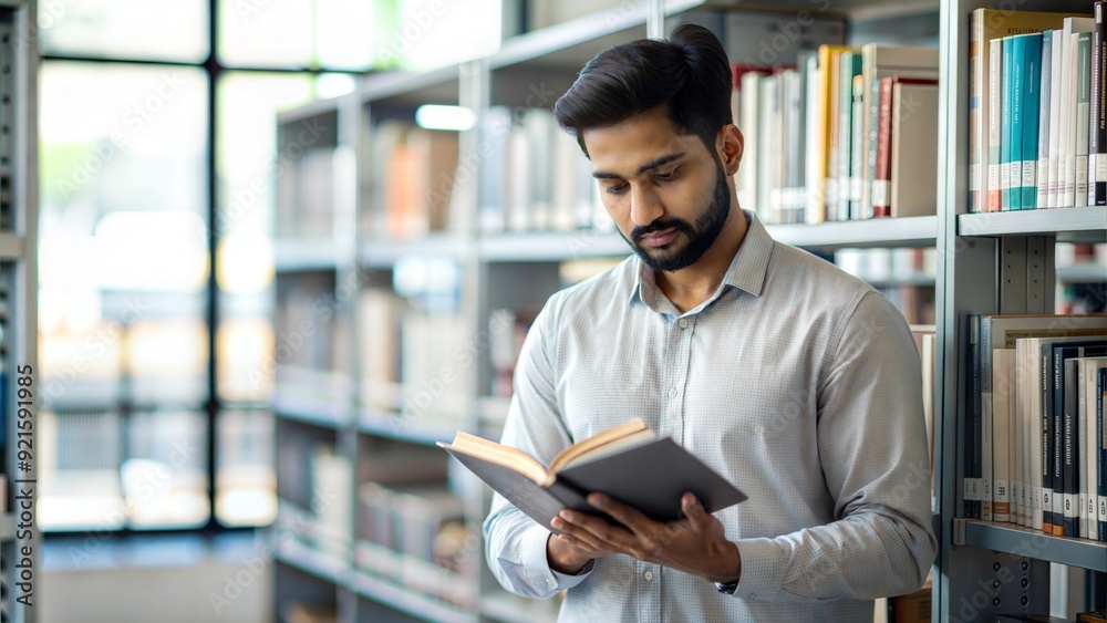An Indian man browsing through bookshelves in a university library, selecting a book to read with a focused expression.
An Indian man browsing through bookshelves in a university library, selecting a book to read with a focused expression.