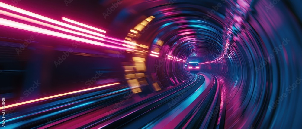 Abstract Neon Lights Tunnel with Train, Futuristic Transportation Concept. Abstract Neon Lights Tunnel with Train, Futuristic Transportation Concept.