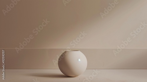 a white vase with a light on it is sitting on a table. photo