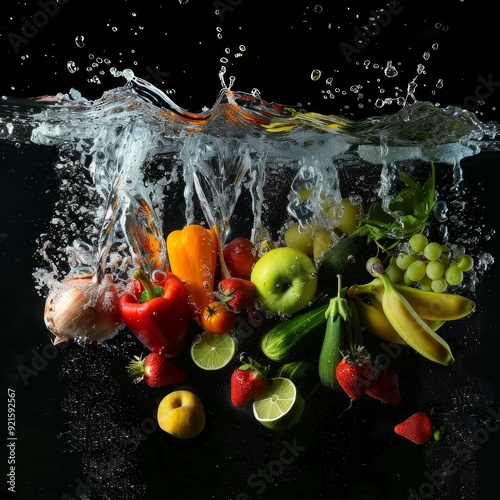 Many fruits and vegetables falling into water against black background
