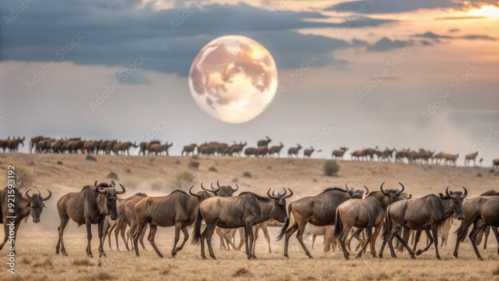 Obraz premium Wildebeest Herd Grazing Under a Full Moon in the African Savanna