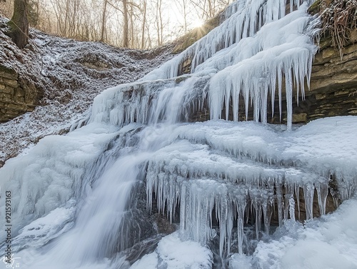 Frozen Waterfall with Icicles in Winter Landscape.