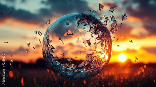 Shattered Glass Sphere at Sunset, Abstract Background, Conceptual Art