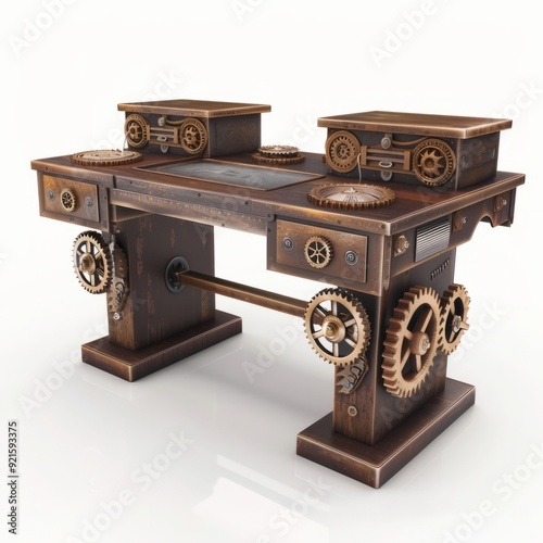 3D Render, Low Poly style of a vintage steampunk desk with exposed gears, on isolated white background