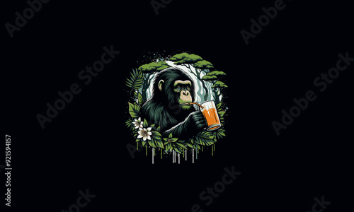 chimpanzee holding drink on forest vector illustration artwork design photo