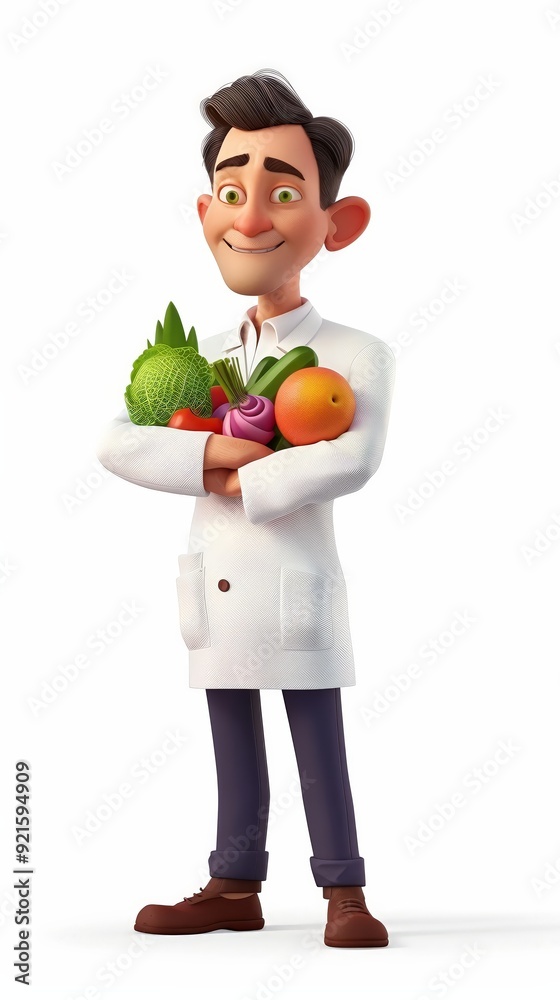 A 4D cartoon nutritionist with healthy foods on a  213 1615 food, holding, vegetable, fruit, smiling, shopping, smile, people, diet, salad, chef, grocery, healthy, person, bag, guy, fresh, vegetables,