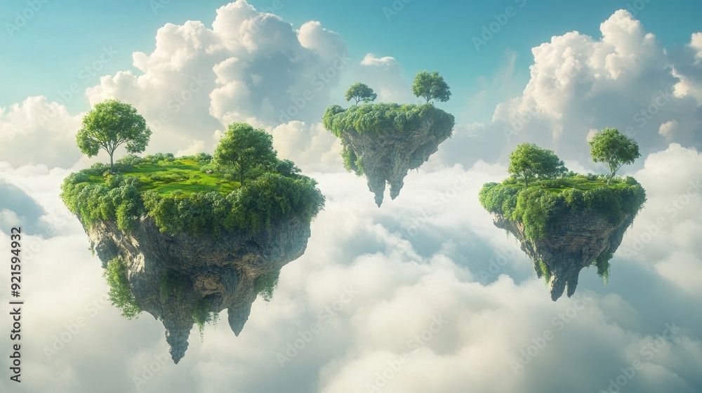 Three Floating Islands with Lush Greenery and Clouds in a Surreal Sky Three Floating Islands with Lush Greenery and Clouds in a Surreal Sky