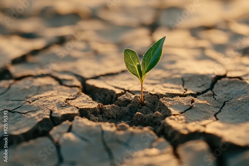 Tiny Green Sprout Breaking Through Dry Cracked Earth - New Life, Growth, Resilience Concept