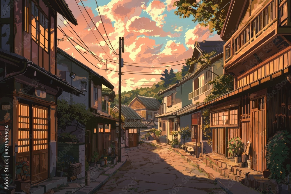 Fototapeta premium A nostalgic old town view with traditional elements and a cozy vibe. Cozy vibe, Generative AI