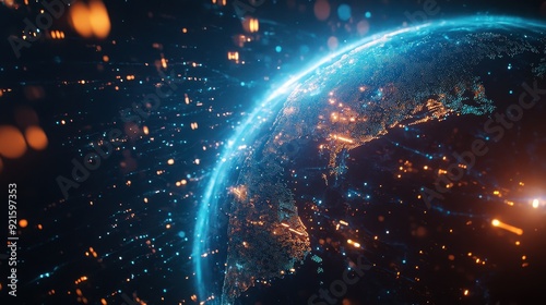 Futuristic Earth Globe with Glowing Lines and Data Flow.